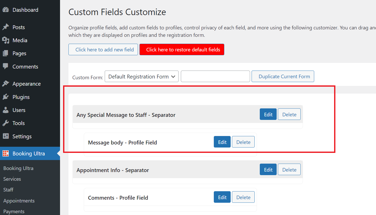 Booking Form With Custom Fields Set